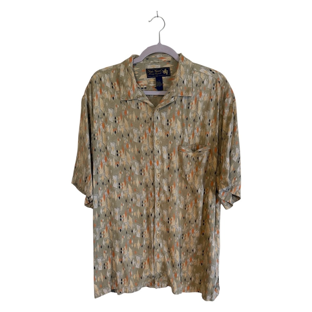 Nat Nast Silk Button Front Shirt Mens L Tan Geometric Luxury Originals Camp